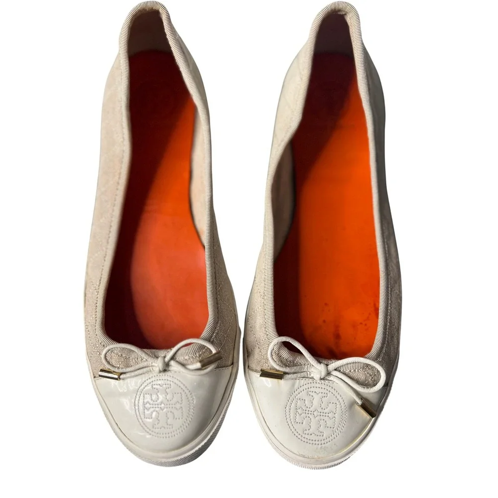 Tory Burch Quinn Quilted Canvas Ballet Flats Cream Beige Logo Toe Bow Shoes